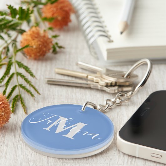Porte-clés Simple Gris Script Monogramme Porte - clé Bleu (Devant droit)