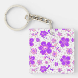 Porte-clés Simple Impression Florale Aquarelle Violet et Rose