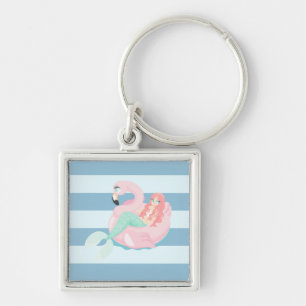 Porte-clés Sirène adorable sur rayures bleu clair et blanc