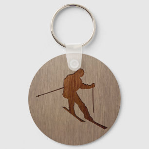 Porte-clés Skiing silhouette engraved on wood design