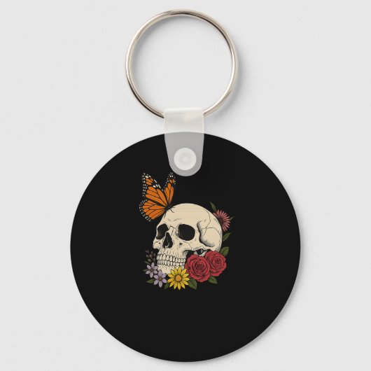 Porte-clés Skulls Monarch Butterfly Flowers Halloween Men Wom (Recto)
