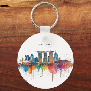 Porte-clés Skyline aquarelle rétro de la ville de Singapour