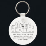 Porte-clés Skyline Stylisé Seattle | Slogan personnalisé<br><div class="desc">Un porte - clé unique représentant la belle ville de Seattle. Ce porte - clé présente une illustration stylisée de l'horizon unique de la ville avec son nom en dessous. Sous le nom de la ville se trouve un endroit pour votre slogan ou déclaration unique sur votre ville préférée.</div>