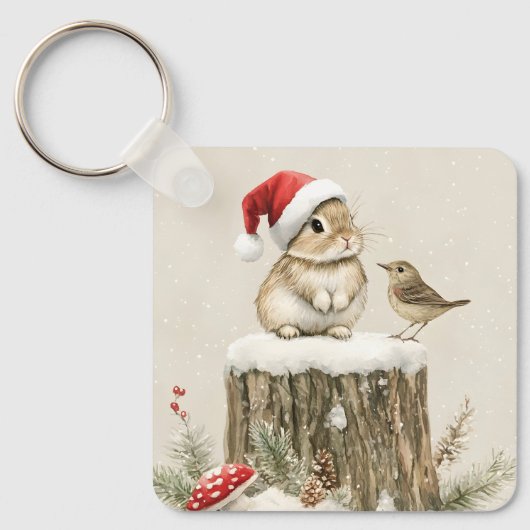 Porte-clés Snowy Forest Winter Woodland Christmas Bunny Bird (Recto)