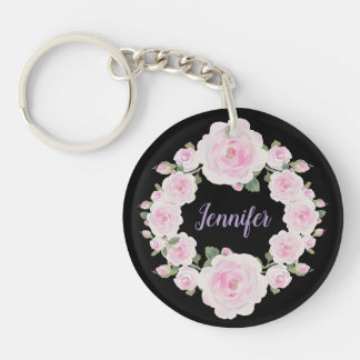 Porte-clés Soft Pink Roses Wreath Name Round Acrylic Keychain