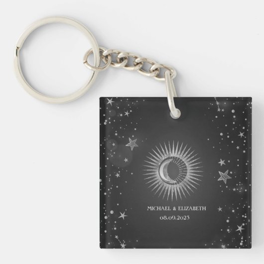 Porte-clés Soleil Céleste, Lune, Étoiles Sombre (Devant)