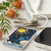 Porte-clés Soleil céleste moderne, étoiles et nuages bleus (Devant droit)