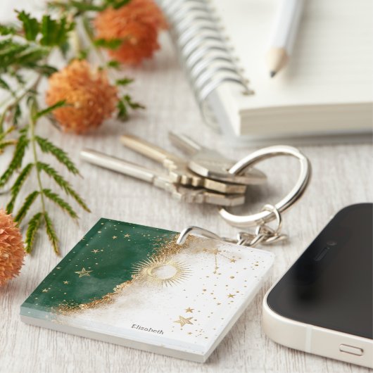 Porte-clés Soleil Or Céleste Et Étoiles Lune Vert (Devant Droit)