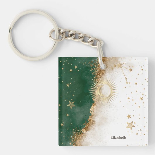 Porte-clés Soleil Or Céleste Et Étoiles Lune Vert (Devant)