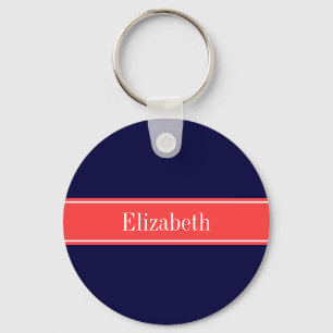 Porte-clés Solid Navy Blue Coral Red Ribbon Name Monogram