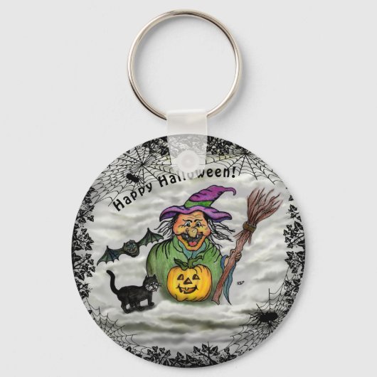 Porte-clés Sorcière, Chat, Chauve-souris et Citrouille, Bonne (Recto)