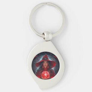 Porte-clés Sorcière rouge avec boule de cristal et arrière-pl
