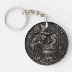 Porte-clés Sorcière Vintage. Art de pièce de monnaie sculptée