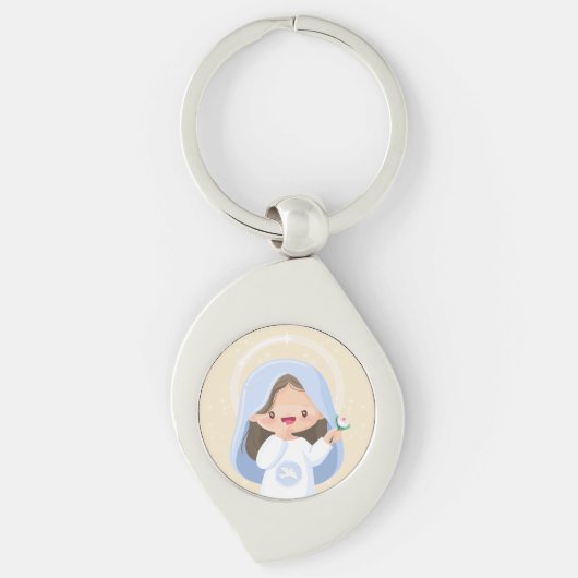 Porte-clés Souriant Kawaii Vierge Marie avec Fleur - Beige (Devant)