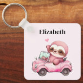 Porte-clés Sourire rose Sloth conduisant une convertible (Recto)