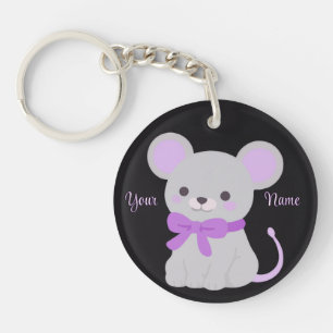 Porte-clés Souris Assise Ruban Violet Mignon Kawaii Personnal