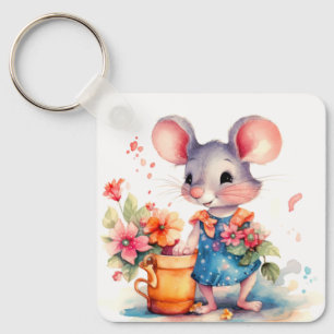 PORTE-CLÉS SOURIS DE FILLE CUTE AVEC FLEURS COLORÉES MOTIVATI