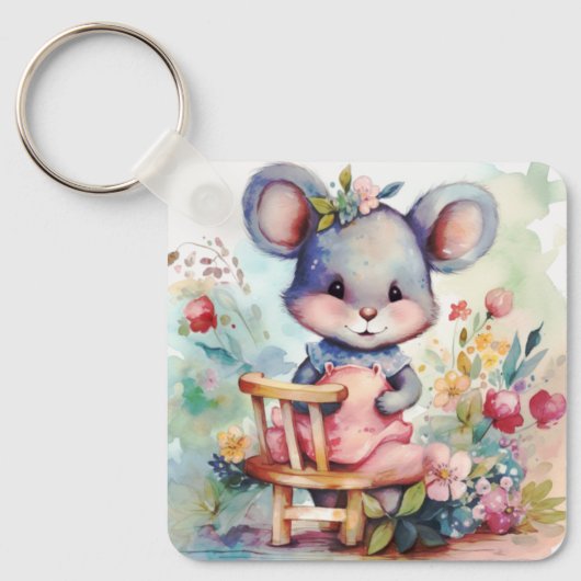 PORTE-CLÉS SOURIS DE FILLE CUTE AVEC FLEURS NURSERY MOTIVATON (Recto)