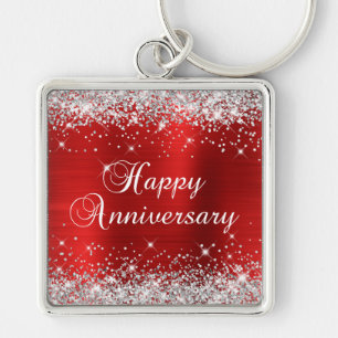 Porte-clés Sparkly Silver Glitter Red Foil Happy Anniversary