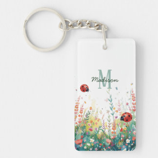 Porte-clés Spring Watercolor ladybug Floral Monogram Wildflow