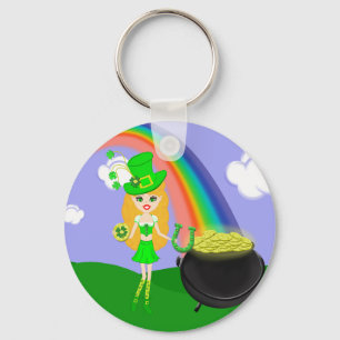 Porte-clés St Pat's Day Blonde Girl Leprechaun avec arc-en-ci