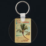 Porte-clés St Thomas Palm Tree Vintage voyage<br><div class="desc">Une gravure d'art moderne de St Thomas Virgin Islands,  rétro et unique au milieu du siècle,  dans un style d'affiche de voyage vintage. Il dispose d'un palmier incurvé sur une plage de sable avec l'océan sous un ciel bleu nuageux.</div>