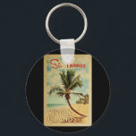 Porte-clés St Thomas Palm Tree Vintage voyage<br><div class="desc">Une gravure d'art moderne de St Thomas Virgin Islands,  rétro et unique au milieu du siècle,  dans un style d'affiche de voyage vintage. Il dispose d'un palmier incurvé sur une plage de sable avec l'océan sous un ciel bleu nuageux.</div>