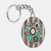Porte-clés Steampunk Clock and Turquoise Roses on Striped (Devant gauche)