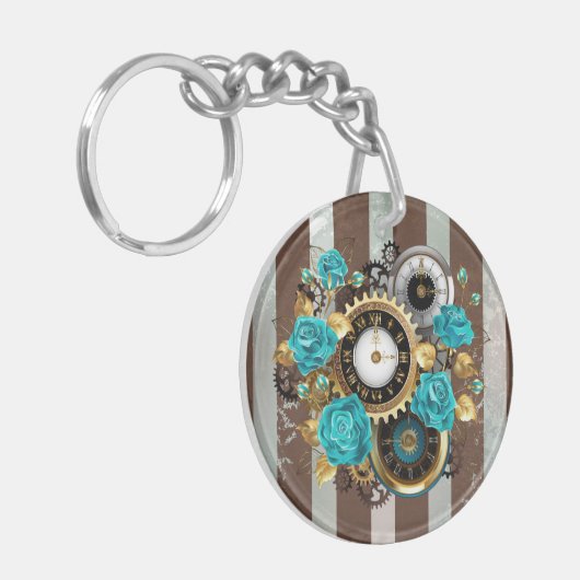 Porte-clés Steampunk Clock and Turquoise Roses on Striped (Devant gauche)