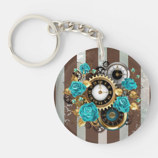 Porte-clés Steampunk Clock and Turquoise Roses on Striped (Devant)