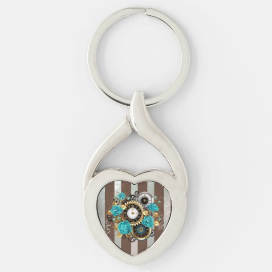 Porte-clés Steampunk Clock and Turquoise Roses on Striped (Devant)