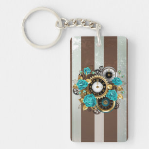 Porte-clés Steampunk Clock and Turquoise Roses on Striped