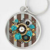 Porte-clés Steampunk Clock and Turquoise Roses on Striped (Devant)