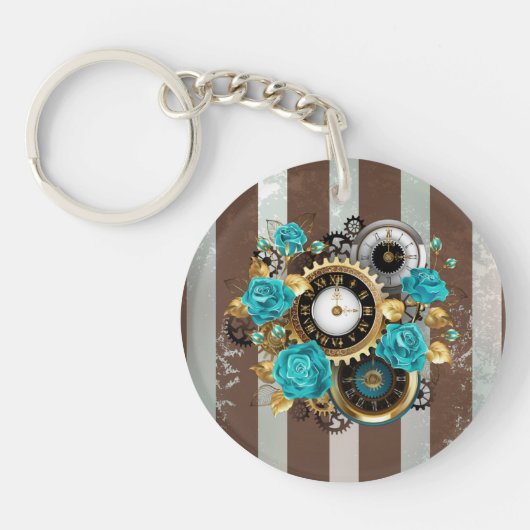 Porte-clés Steampunk Clock and Turquoise Roses on Striped (Devant)