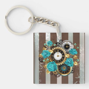 Porte-clés Steampunk Clock and Turquoise Roses on Striped