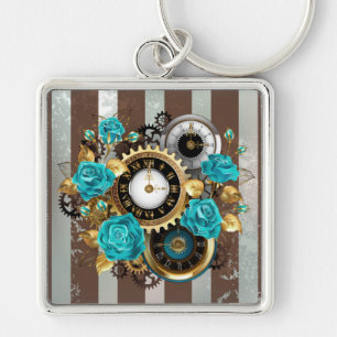 Porte-clés Steampunk Clock and Turquoise Roses on Striped
