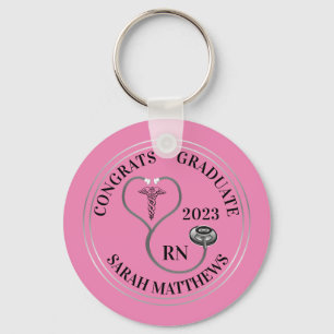 Porte-clés Stethoscope Caduceus RN Congrats Diplômés - Rose