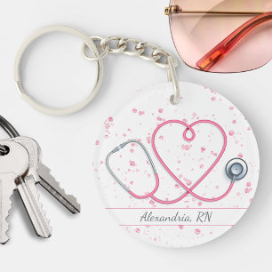 Porte-clés Stéthoscope de coeur rose sur Monogramme de Partie