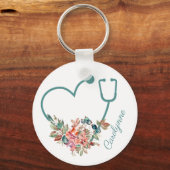 Porte-clés Stethoscope floral Coeur soignant infirmière médec (Recto)