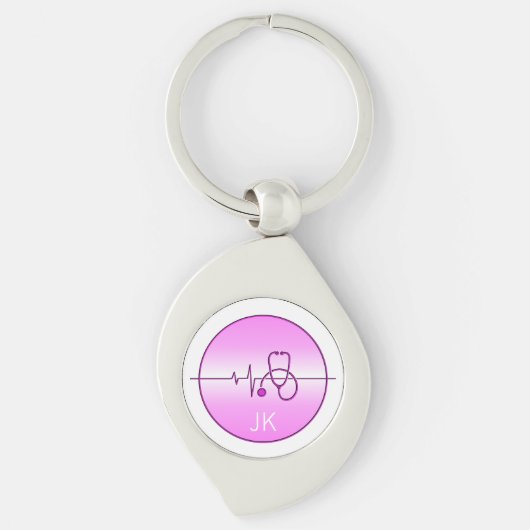 Porte-clés Stéthoscope Médical Rose Monogrammé Battement de C (Devant)