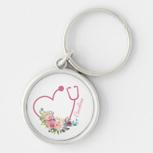 Porte-clés Stethoscope rose Floral Coeur Infirmière Médicale 
