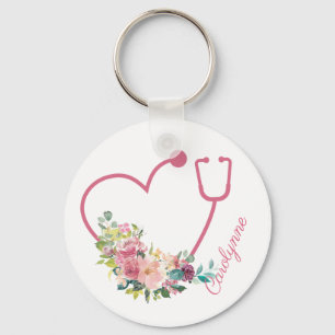 Porte-clés Stéthoscope rose Floral Coeur Infirmière soignante
