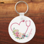 Porte-clés Stéthoscope rose Floral Coeur Infirmière soignante (Recto)