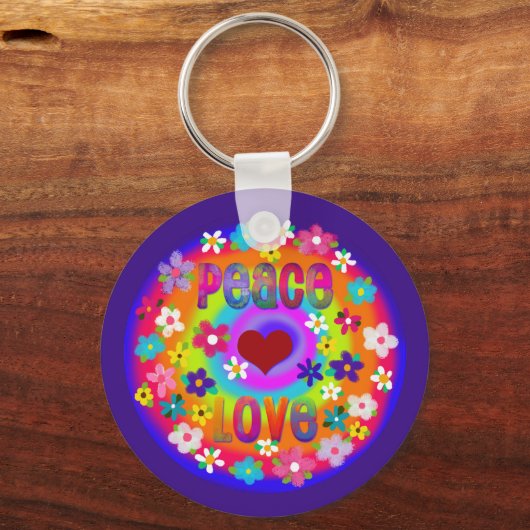 Porte-clés Style Hippie Rétro Peace Love Fleurs Arc-en-ciel (Recto)