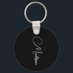Porte-clés Style moderne Nom de script noir<br><div class="desc">Un porte - clé de nom de script simple,  élégant,  avec une typographie blanche sur le noir. Style minimaliste.</div>