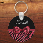 Porte-clés Style Red Zebra Print FAUX Glitz Bow avec nom (Recto)