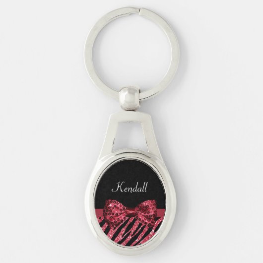 Porte-clés Style Red Zebra Print FAUX Glitz Bow avec nom (Devant)