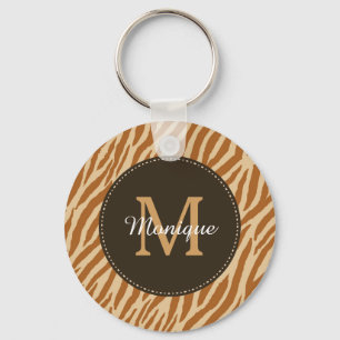 Porte-clés Stylé Tawny Brown Zebra Imprimer Monogramme et nom