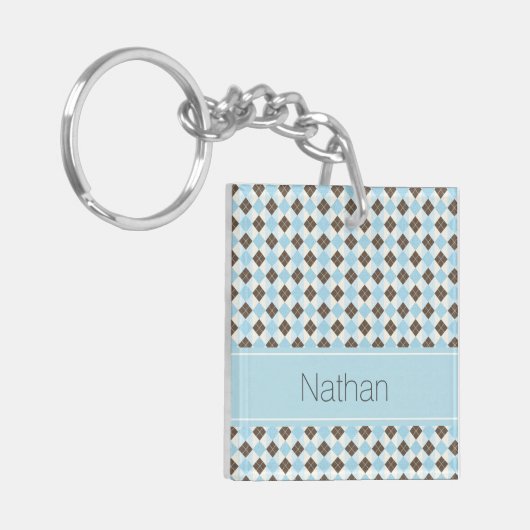 Porte-clés Stylish Blue and Brown Personalised Argyle Pattern (Devant gauche)