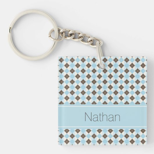 Porte-clés Stylish Blue and Brown Personalised Argyle Pattern (Devant)
